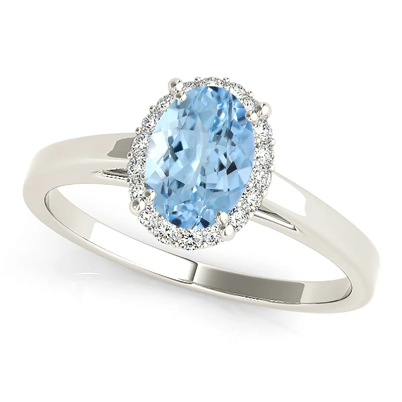 bold rings for women-1.30 ct. Genuine Oval Aquamarine Ring With  Halo and Solid Gold Band