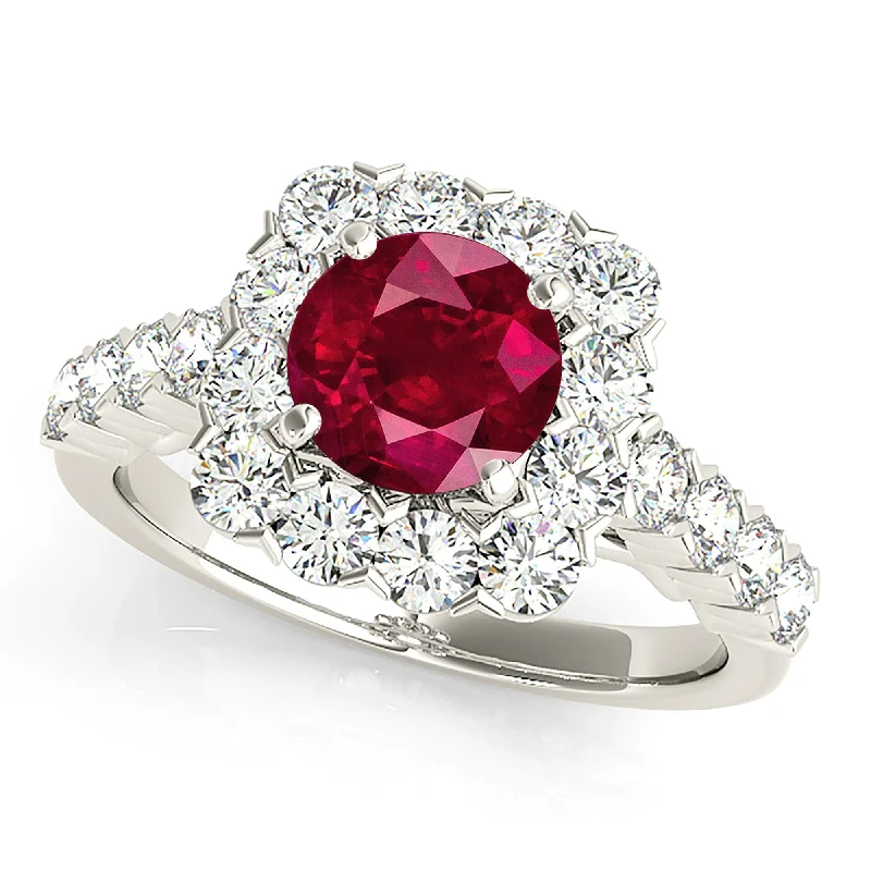 unique engagement rings for women-2.35 ct. Genuine Ruby Ring With Cushion Halo And Scalloped Diamond Band