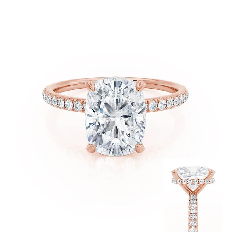 affordable engagement rings for women-LIVELY - Elongated Cushion Lab Diamond 18k Rose Gold Petite Hidden Halo Pavé Shoulder Set