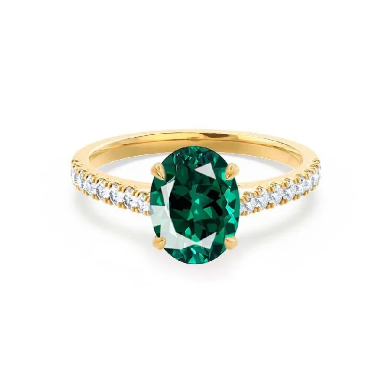 exquisite engagement rings for women-VIOLA - Chatham® Emerald Oval & Diamond 18k Yellow Gold Shoulder Set Ring