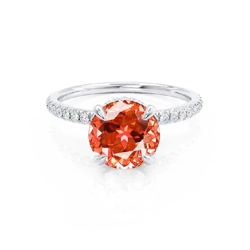 elegant engagement rings for women-LIVELY - Chatham® Round Padparadscha 950 Platinum Petite Hidden Halo Pavé Shoulder Set Ring