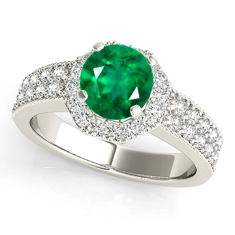 unique rings for women-1.15 ct. Genuine Emerald Ring With Halo ,Double Row Diamond Band