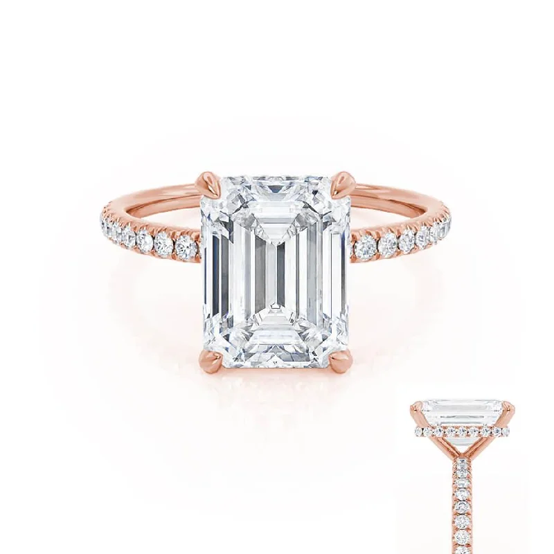 hand-crafted engagement rings for women-LIVELY - Emerald Lab Diamond & Diamond 18k Rose Gold Hidden Halo Micro Pavé Shoulder Set