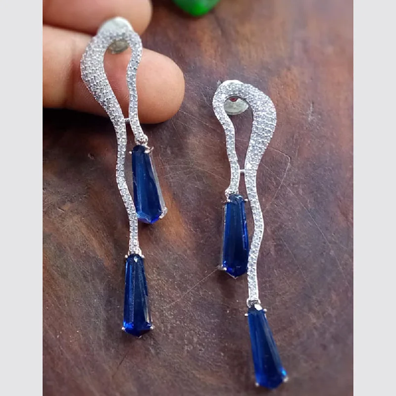 adjustable earrings for women-Blue Petal Diamond Silver Plated AD Dangler Earrings