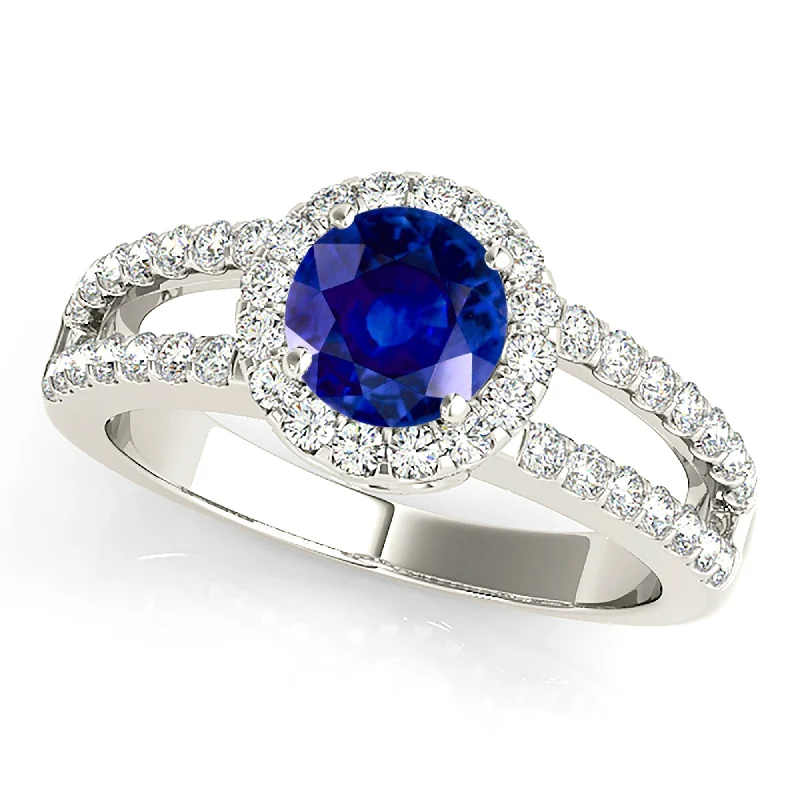 fashion rings for women-1.45 ct. Genuine Blue Sapphire Split Shank Halo Ring