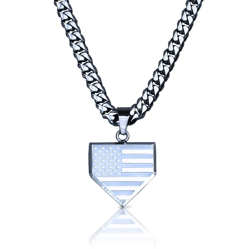 antique necklaces for women-Pro USA Flag Home Plate Pendant With 6mm Cuban Link Chain Necklace - Stainless Steel