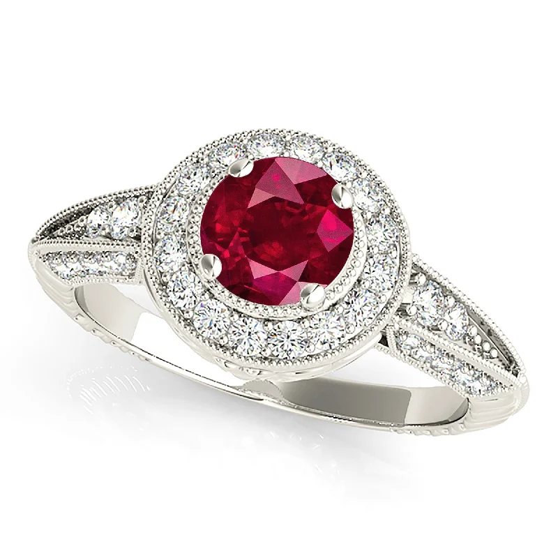 large diamond rings for women-2.35 ct. Genuine Ruby Ring With Milgrain Halo And Diamond band