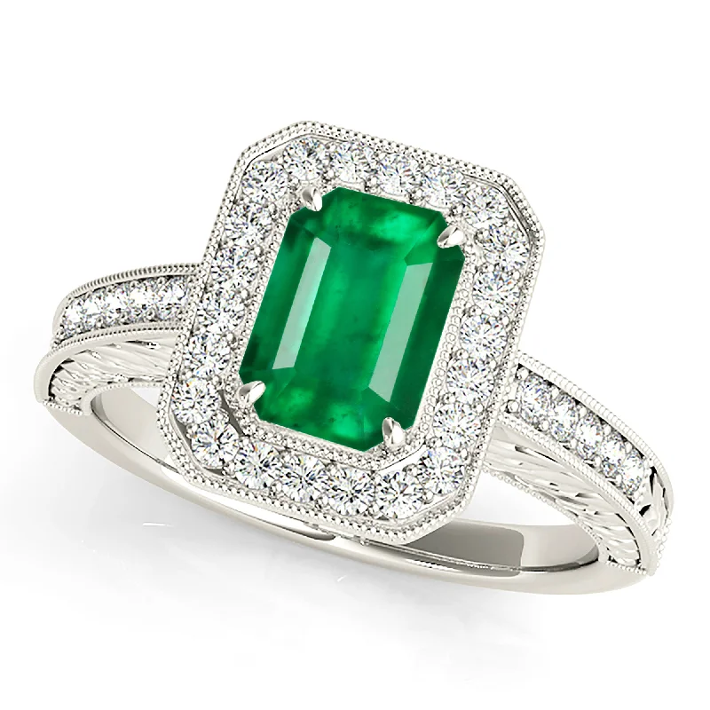 classic gold rings for women-1.00 ct. Genuine Emerald Ring With Channel Set Diamond Halo