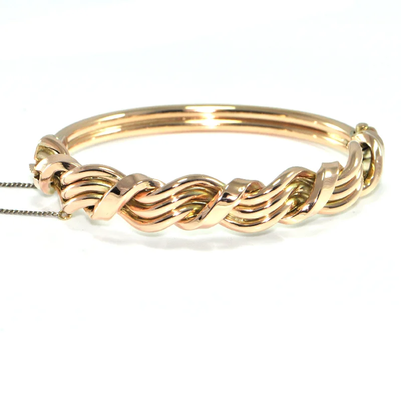 casual bangles for women-Vintage English 9K Rose Gold Woven Wave Bangle Bracelet