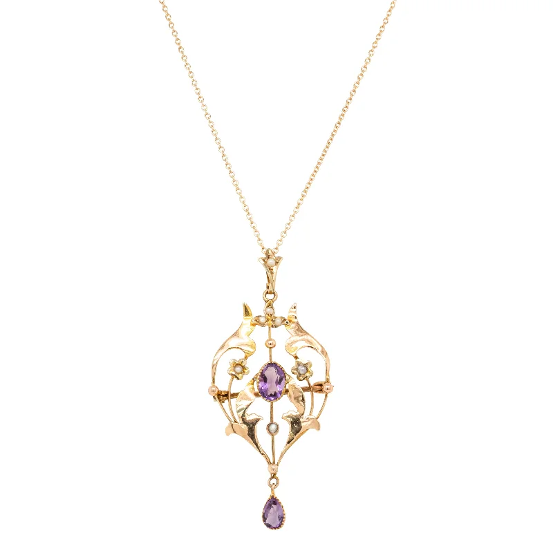 birthstone necklaces for women-Vintage 9ct Yellow Gold Amethyst & Seed Pearl Pendant / Brooch