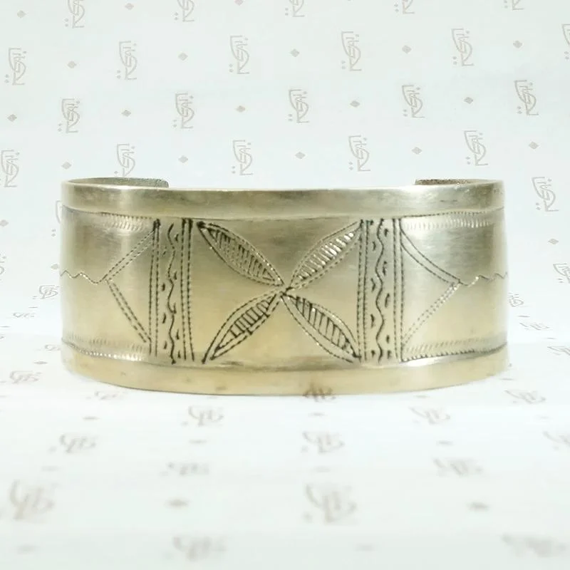 statement bracelets for women-North African Engraved White Brass Cuff