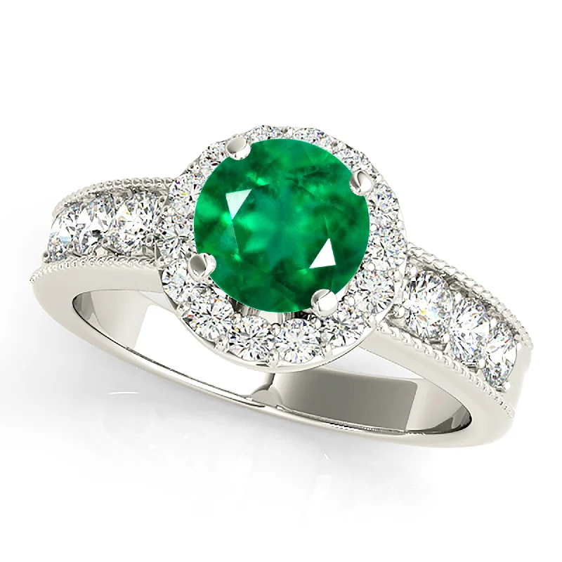 minimalist rings for women-1.15 ct. Genuine Emerald Ring With Halo, Milgrain Design Diamond Band