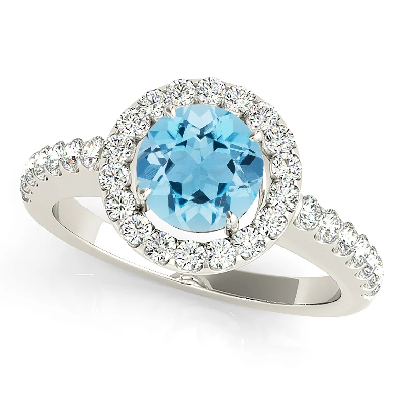 gemstone rings for women-1.10 ct. Genuine Aquamarine Ring With Halo, Delicate Thin Diamond Band