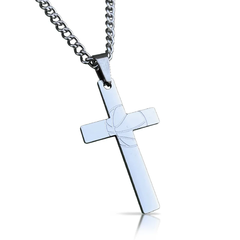 elegant crystal necklaces for women-Basketball Cross Pendant With Chain Necklace - Stainless Steel