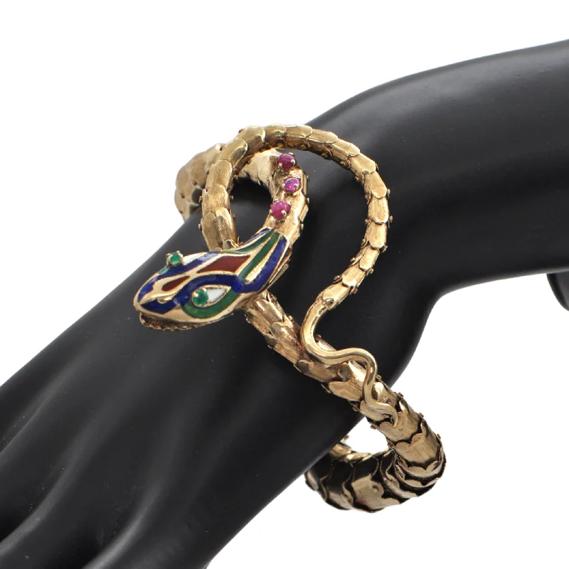 elegant bangles for women-Vintage rare Enamel, gem set, Articulated 14K Yellow Gold Snake Bracelet (c.1950's)