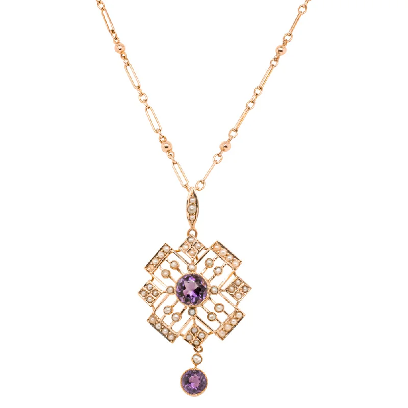 personalized necklaces for women-Vintage 9ct Yellow Gold Amethyst & Seed Pearl Pendant