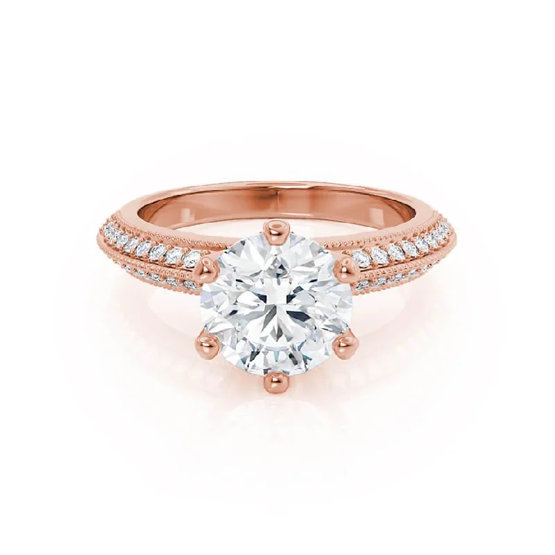 modern engagement rings for women-VICTORIA - Round Moissanite & Diamond 18k Rose Gold Shoulder Set Ring