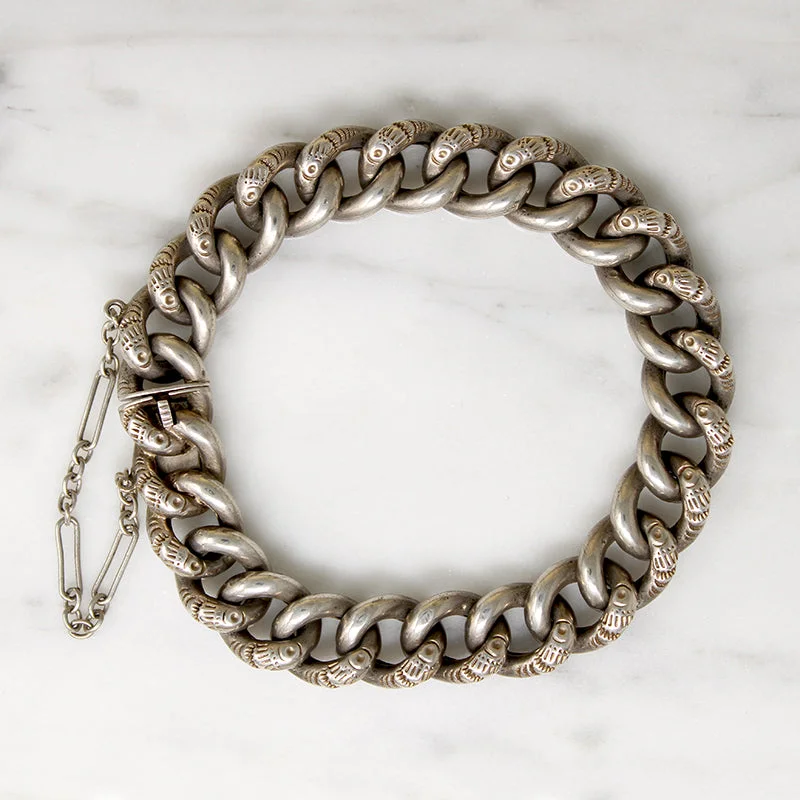 luxury bracelets for women-Antique Engraved Silver Curb Link Bracelet