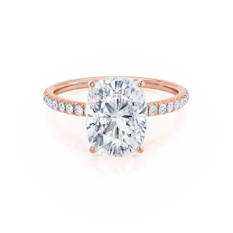 luxurious engagement rings for women-MACY - Elongated Cushion Moissanite & Diamond 18k Rose Gold Petite Pavé Ring