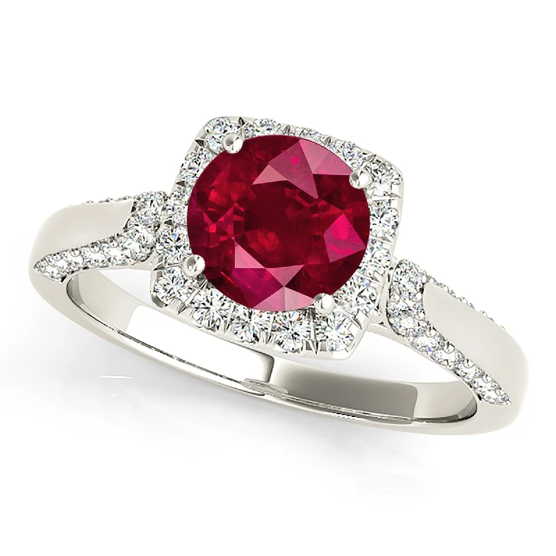 handmade rings for women-1.80 ct. Genuine Ruby Ring With Halo And Side accent Side Diamonds