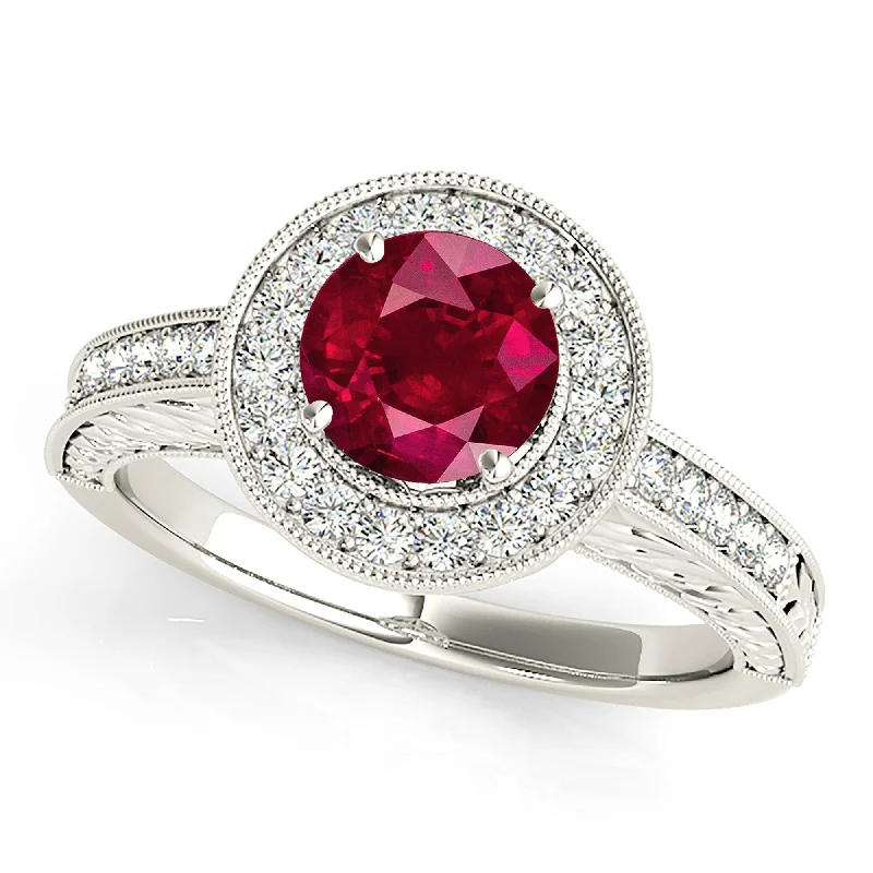 emerald rings for women-1.45 ct. Genuine Ruby Ring With Halo And Filigree Diamond Band