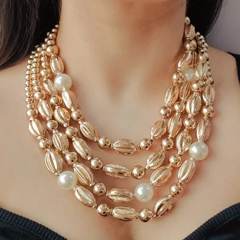 heart-shaped necklaces for women-TFC Seashell Bold & Gold Pearl Beads Statement Layered Necklace