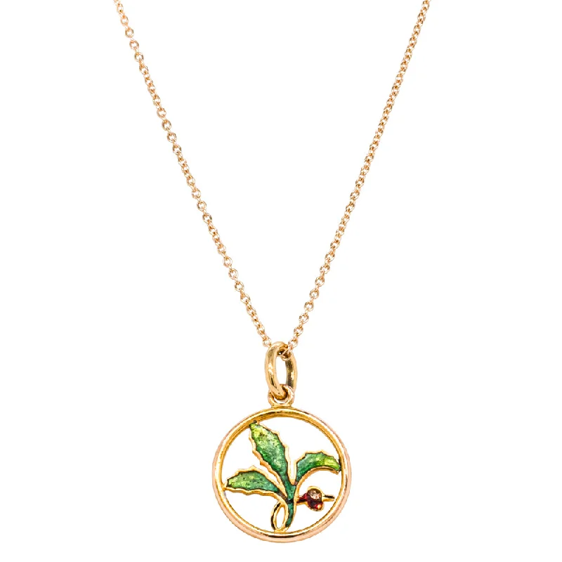 heart pendant necklaces for women-Vintage 9ct Yellow Gold Enamel Leaf Pendant