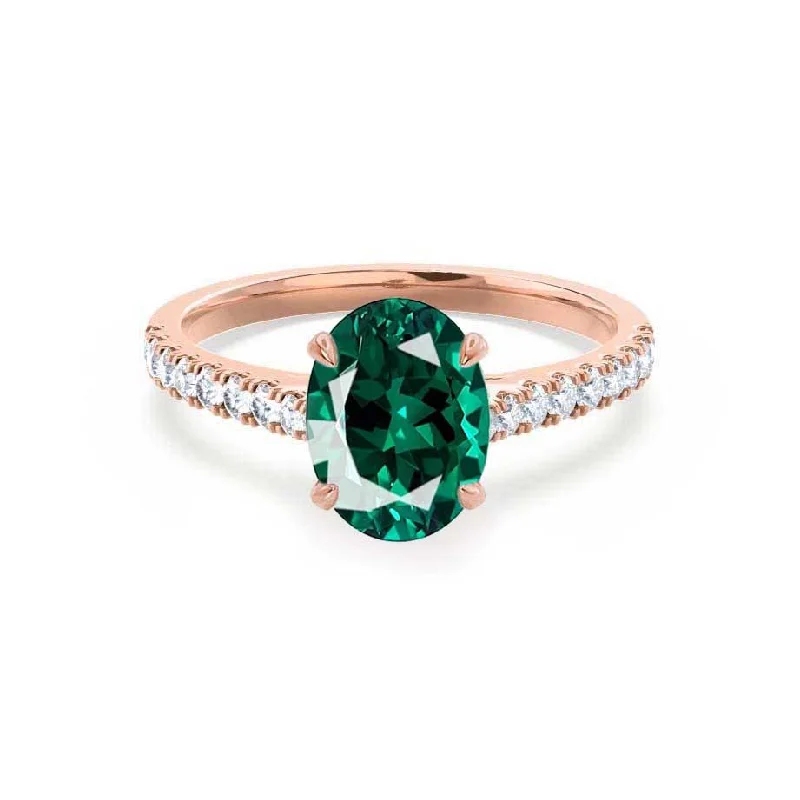 high-quality engagement rings for women-VIOLA - Chatham® Emerald Oval & Diamond 18k Rose Gold Shoulder Set Ring