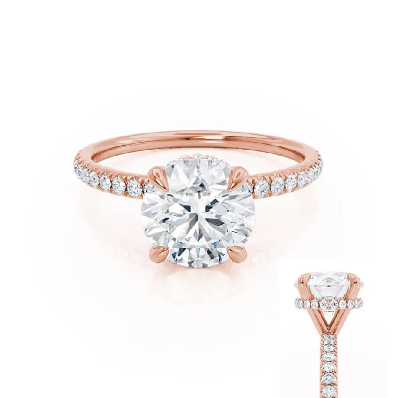 diamond-studded engagement rings for women-LIVELY - Round Lab Diamond 18k Rose Gold Hidden Halo Micro Pavé Shoulder Set Ring