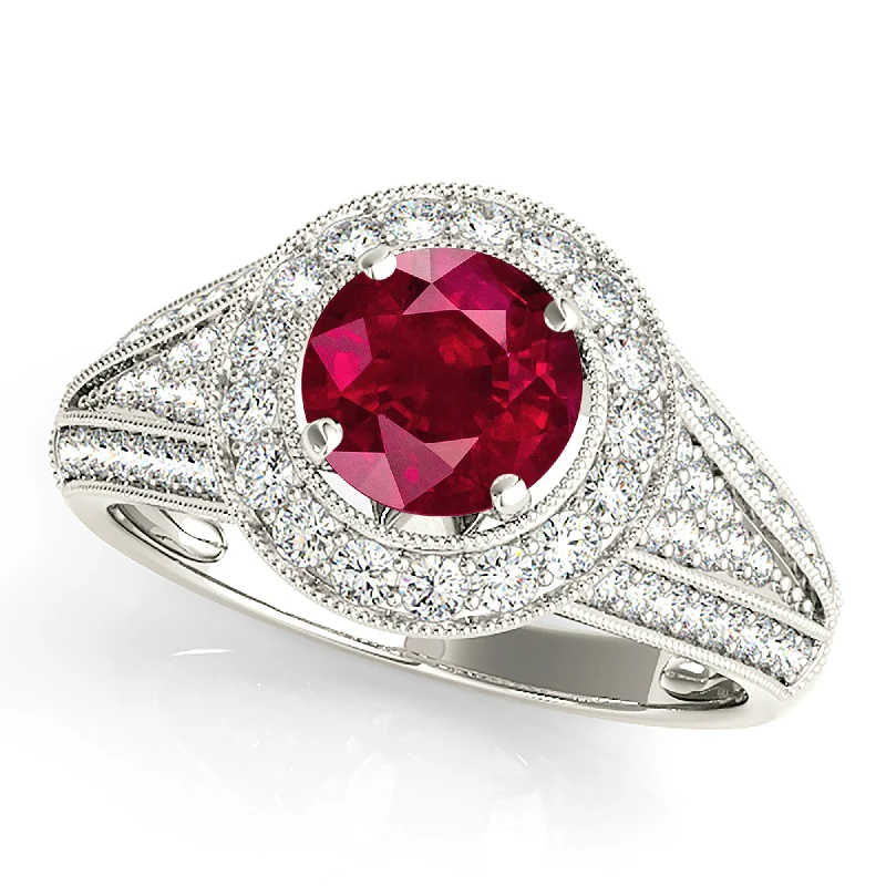 colorful rings for women-1.35 ct. Genuine Ruby Ring With Milgrain Halo With Graduating Diamond Band