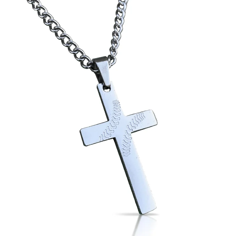 personalized name necklaces for women-Baseball Cross Pendant With Chain Necklace - Stainless Steel