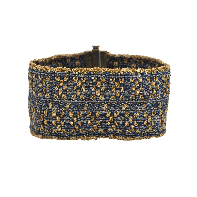 gemstone bangles for women-Vintage Italian Woven Fabric and 14K Gold Cuff Bracelet