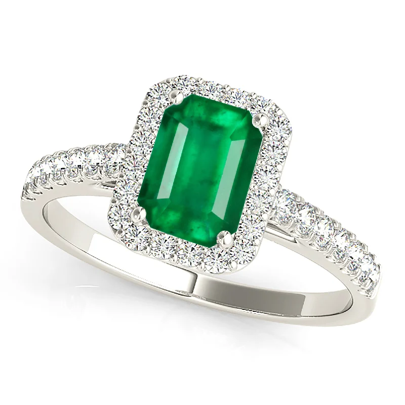 diamond engagement rings for women-1.00 ct. Genuine Emerald Ring With Halo and Diamond Delicate Shank