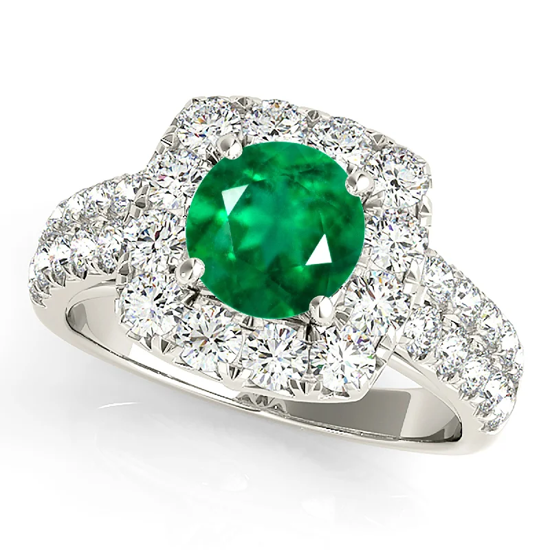 custom rings for women-2.00 ct. Genuine Emerald Halo Ring With Double Row Side Diamonds