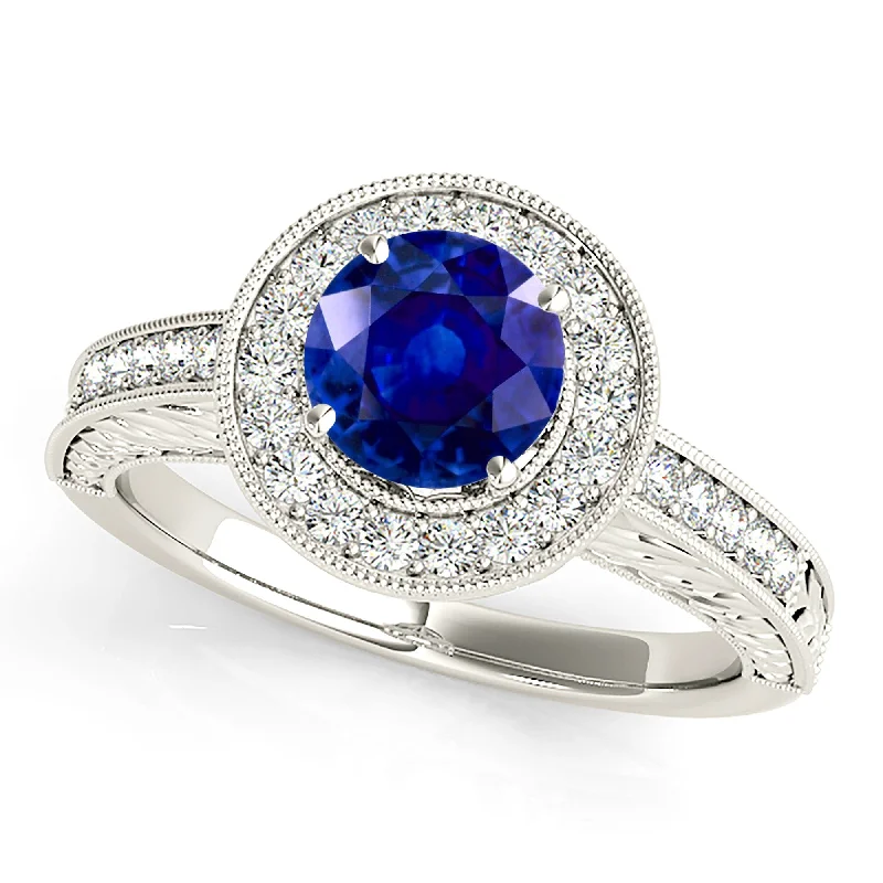 diamond-studded rings for women-1.45 ct. Genuine Blue Sapphire Milgrain Halo Ring