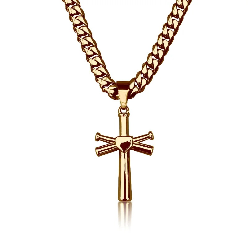 fancy chain necklaces for women-Pro Baseball Bat Cross Pendant With 6mm Cuban Link Chain Necklace - 14K Gold Plated Stainless Steel