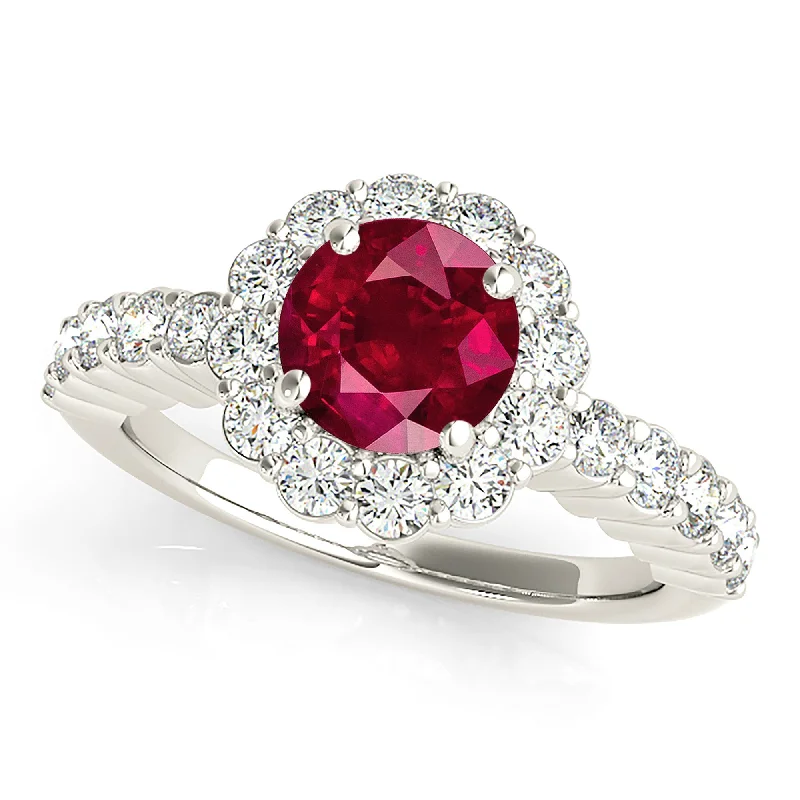 sapphire engagement rings for women-1.35 ct. Genuine Ruby Ring With Floral Halo And Scalloped Diamond band