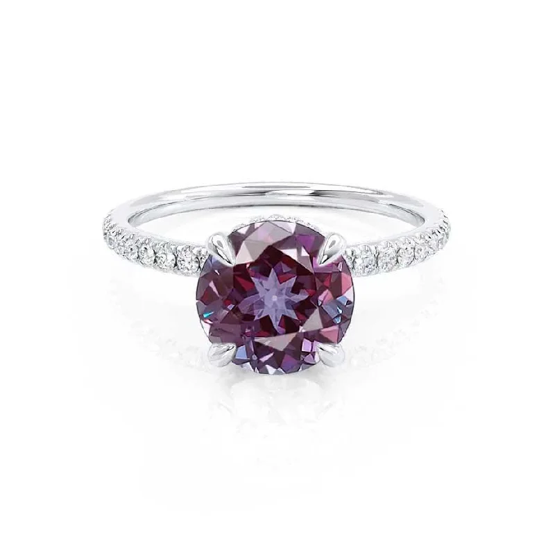 cushion engagement rings for women-LIVELY - Chatham® Round Alexandrite 950 Platinum Petite Hidden Halo Pavé Shoulder Set Ring