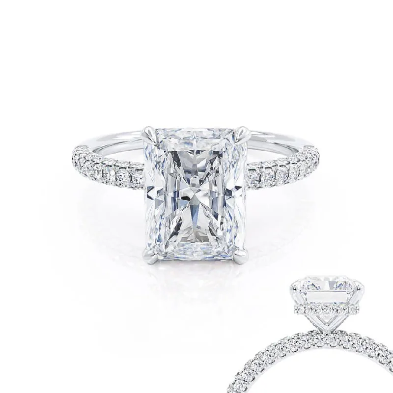 exquisite engagement rings for women-COCO - Radiant Moissanite & Diamond Platinum Petite Hidden Halo Triple Pavé Shoulder Set Ring