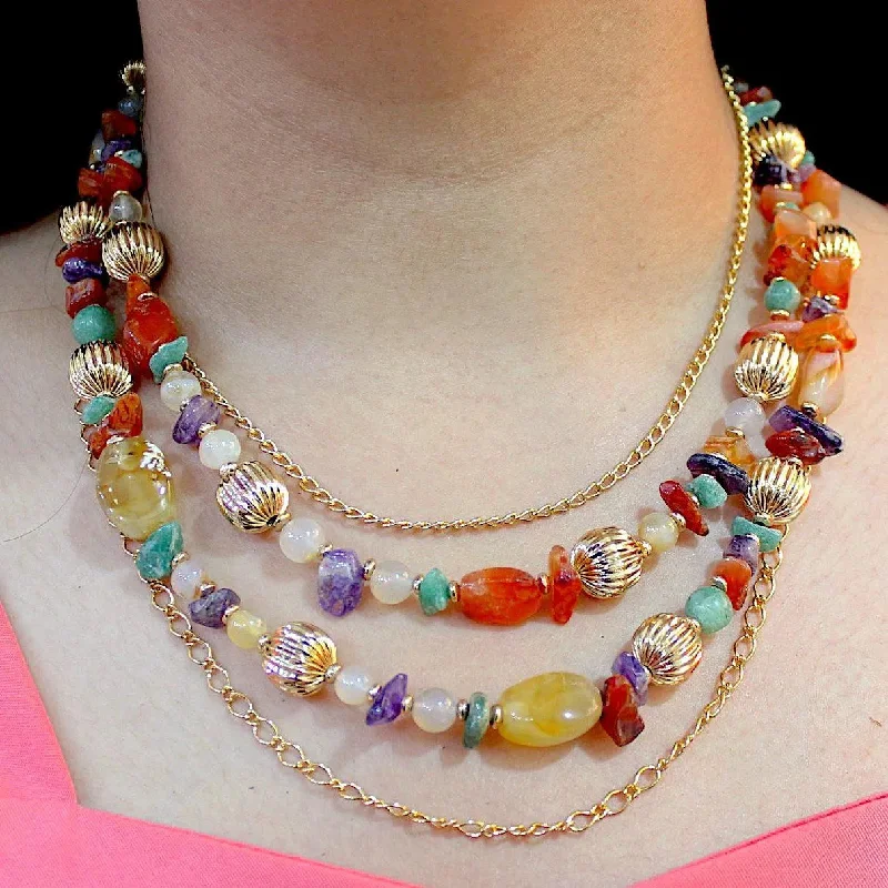 classic necklaces for women-TFC Vortex Agate Multicolor Stones Gold Plated Layered Necklace