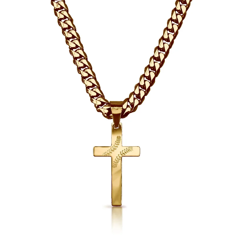 long necklaces for women-Pro Baseball Cross Pendant With 6mm Cuban Link Chain Necklace - 14K Gold Plated Stainless Steel