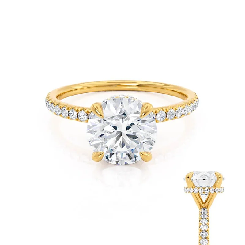 three-stone engagement rings for women-LIVELY - Round Lab Diamond 18k Yellow Gold Petite Hidden Halo Pavé Shoulder Set Ring