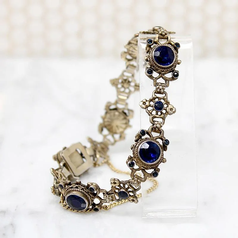 wedding bangles for women-Elaborate Silver Gilt & "Sapphire" Paste Antique Bracelet