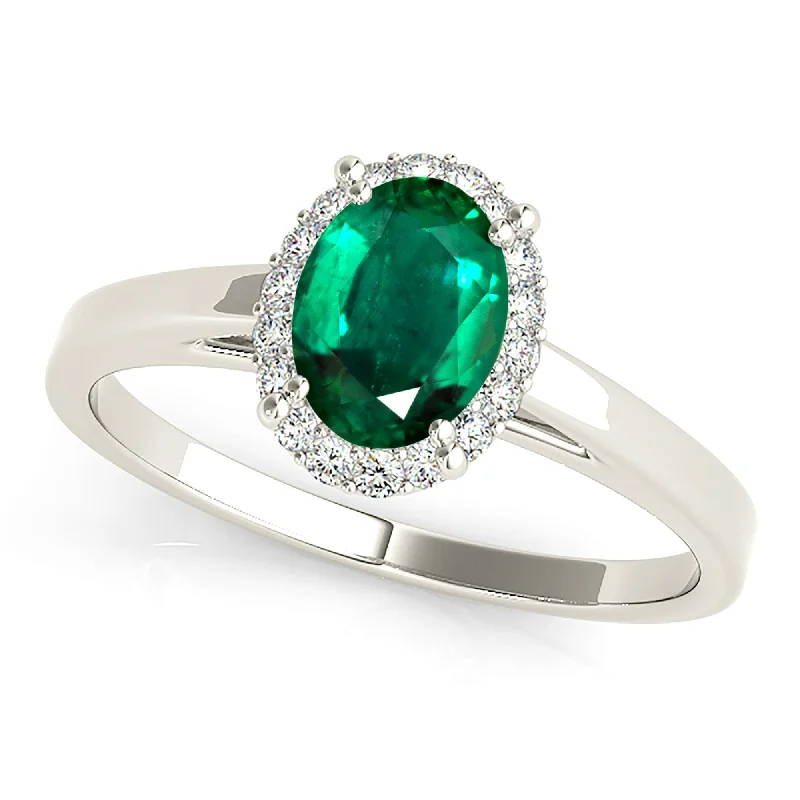 pink sapphire rings for women-1.30 ct. Genuine Oval Emerald Ring With Halo,Plain Solitaire Band