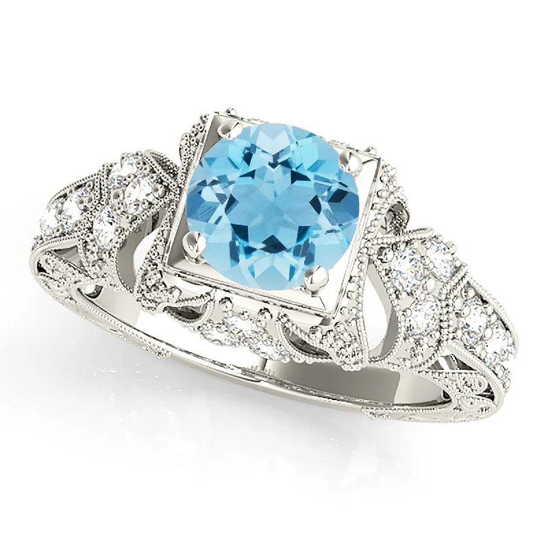 large statement rings for women-1.10 ct. Genuine Aquamarine Ring With Filigree and Milgrain Design