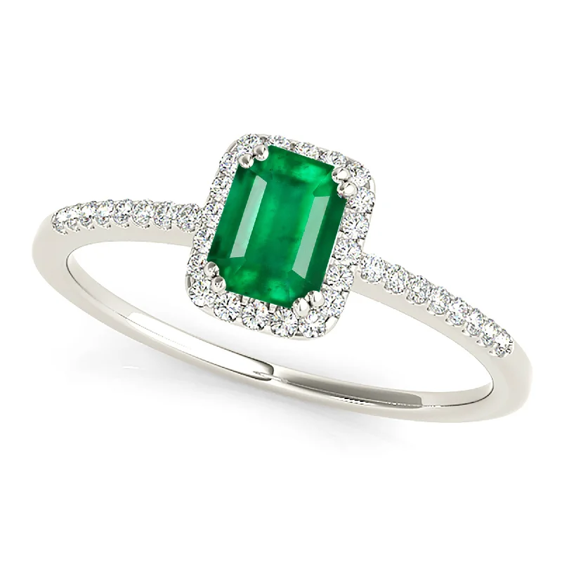 multi-layer rings for women-0.65 ct. Genuine Emerald Ring With Halo and Diamond Delicate Shank