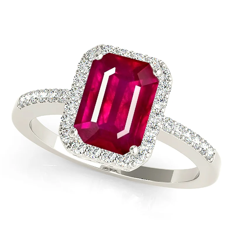 minimalist rings for women-2.30 ct. Genuine Emerald Cut Ruby Ring With Halo And Delicate Diamond Band