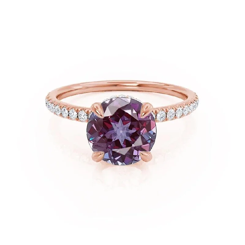 affordable luxury engagement rings for women-LIVELY - Chatham® Round Alexandrite 18k Rose Gold Petite Hidden Halo Pavé Shoulder Set Ring