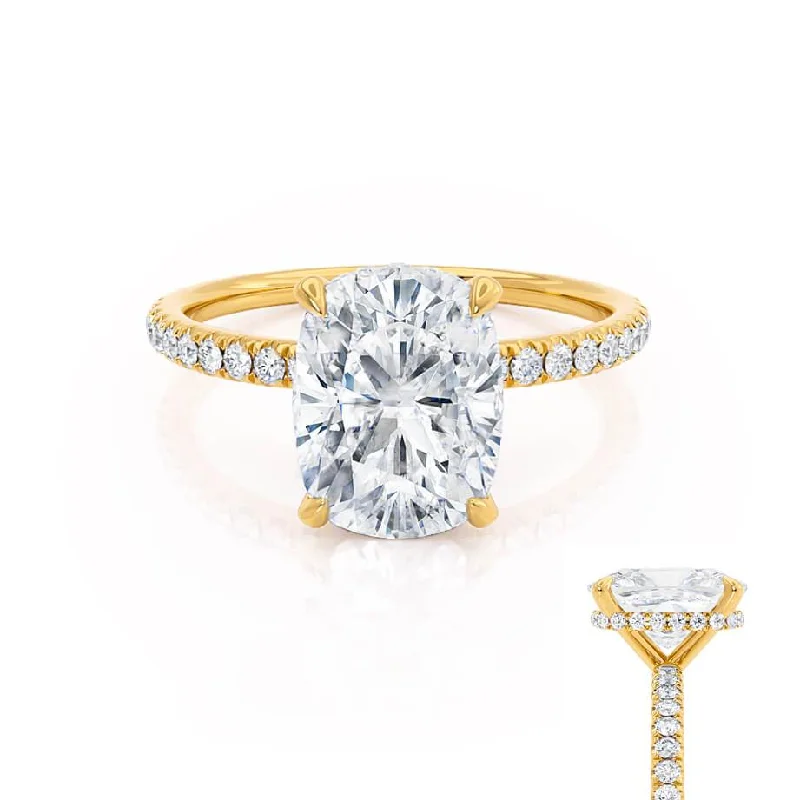 engagement rings with diamonds for women-LIVELY - Elongated Cushion Lab Diamond 18k Yellow Gold Petite Hidden Halo Pavé Shoulder Set