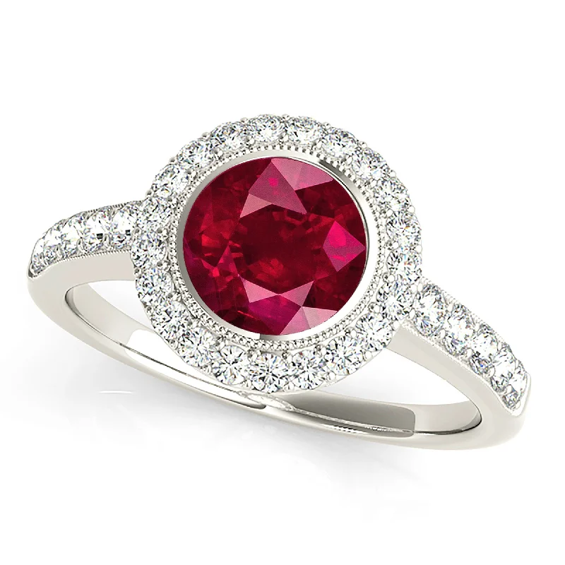 eternity rings for women-1.35 ct. Genuine Ruby Ring With Milgrain Halo And Delicate Diamond Band